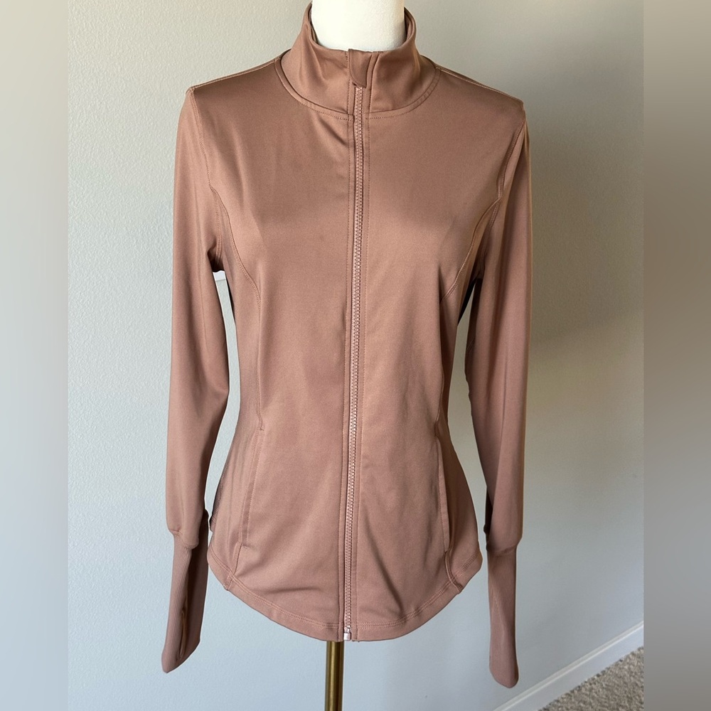 Athleisure Velocity Beige Full Zip Mock Neck Jacket with Thumbholes - M